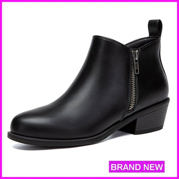 Chunky Low Heel Ankle Boots Round Toe Side Zipper Comfortable Dress Booties
